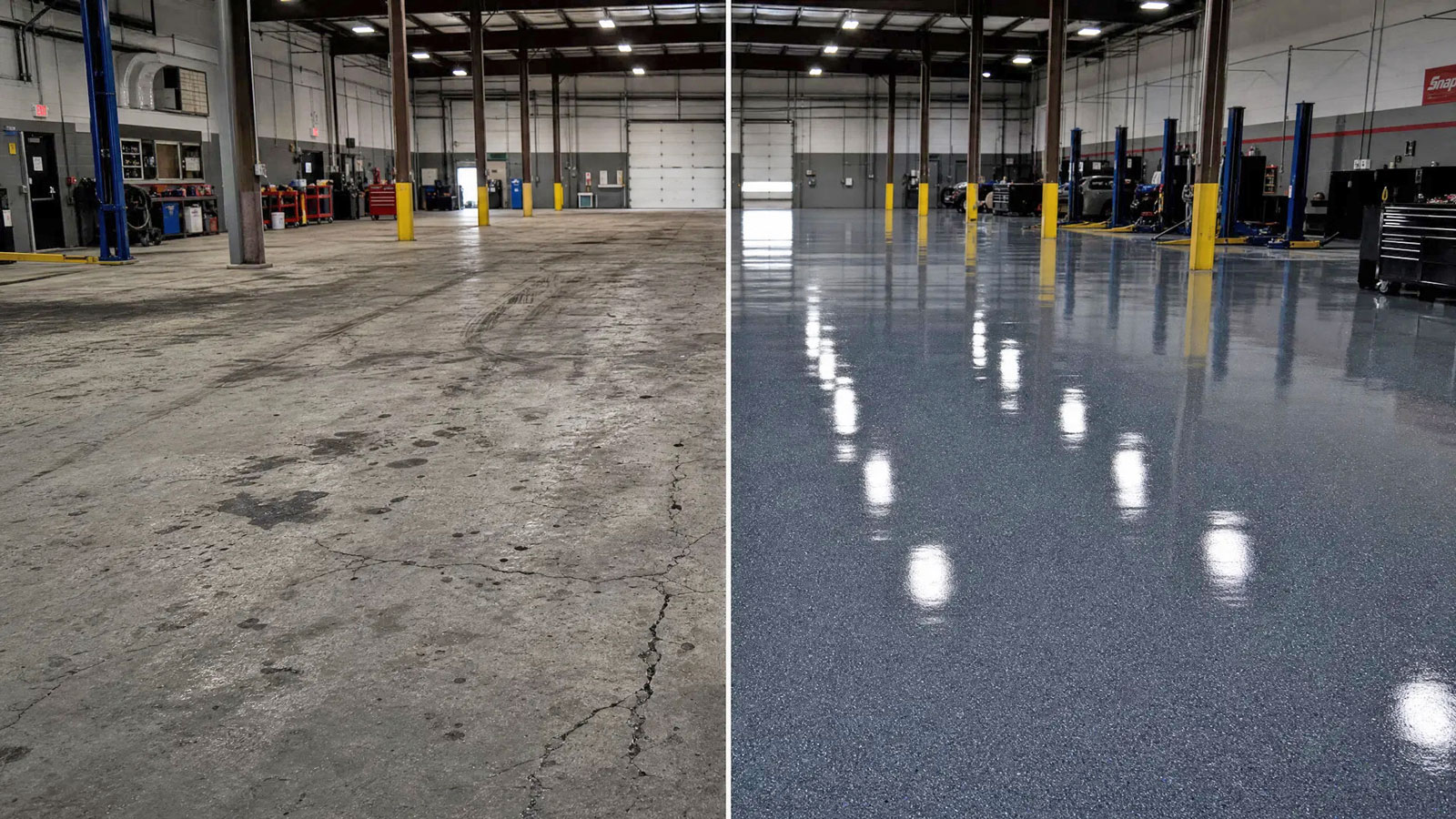 Commercial floor coating before and after — auto shop in Providence RI
